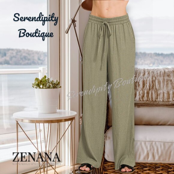 Zenana Outfitters Pants - Zenana Baggy Flare Leg Elastic Drawstring Baggy Lightweight Linen Pants.